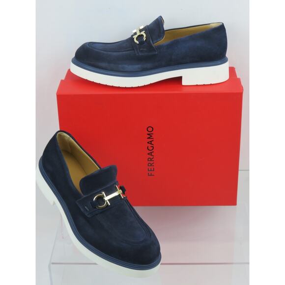 NIB FERRAGAMO FIORELLO BLUE SUEDE GANCINI BIT LOGO LOAFERS 11.5 ITALY main image 7